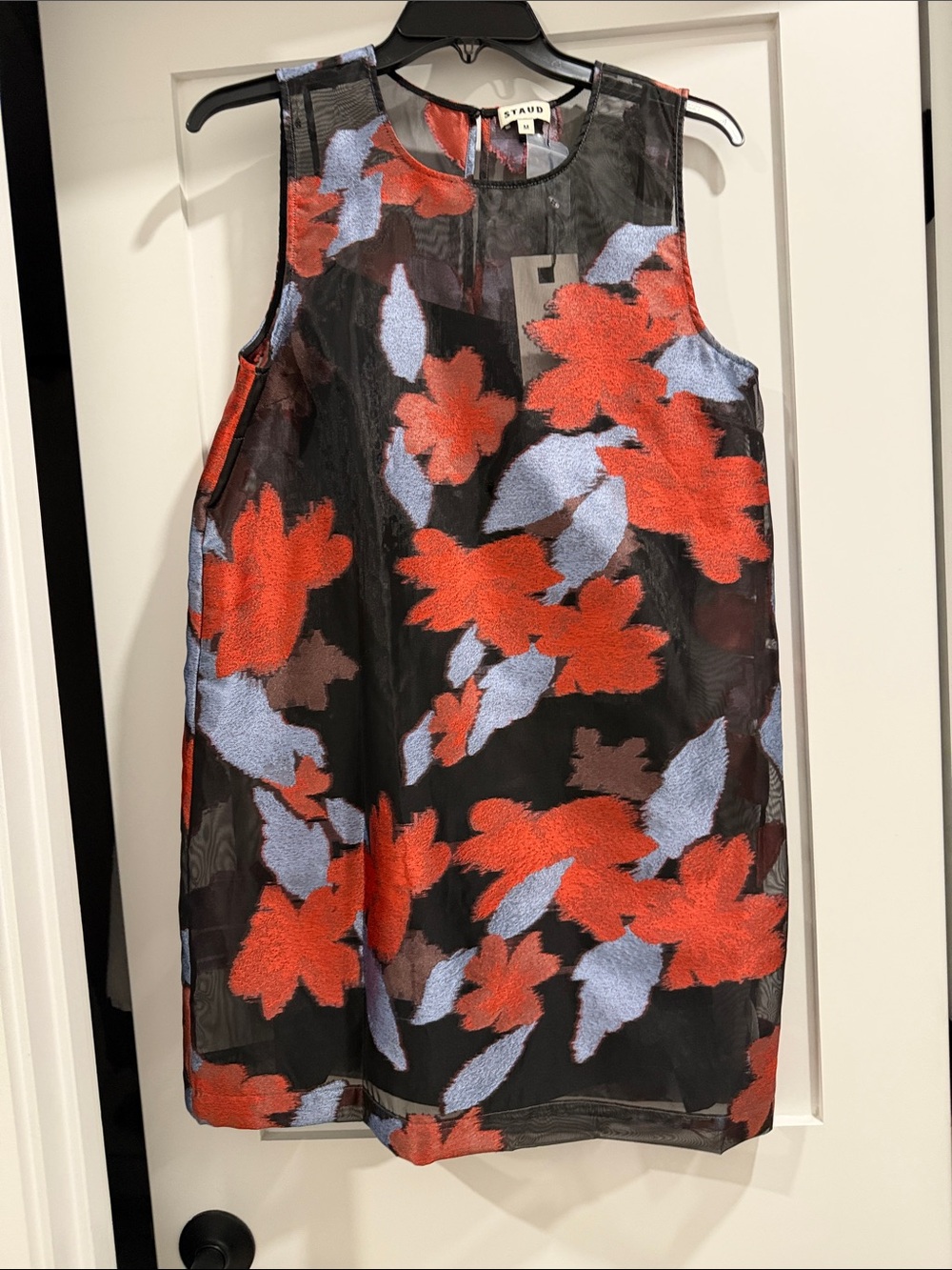 STAUD Black Mini Dress with Red and Light Blue Floral Embroidery